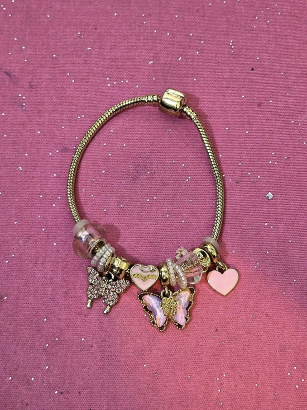 Gold Tone Cable Chain Charm Bracelet w/ Pink Beads, Heart & Butterfly Dangles